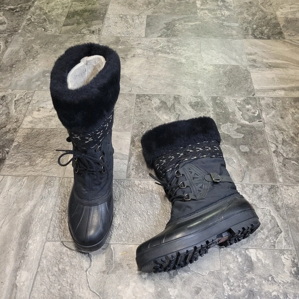 Vintage 90s y2k Sorel Winter Boots Black Faux Fur‎ Trim Lace Up Duck Boots 10